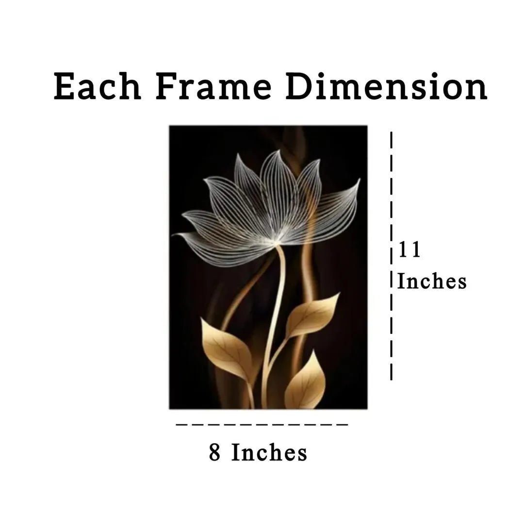 Golden Floral Wall Art Set of 3 I Modern 3 Piece Canvas Painting for Living Room & Bedroom I Decoration Pieces I Decoration