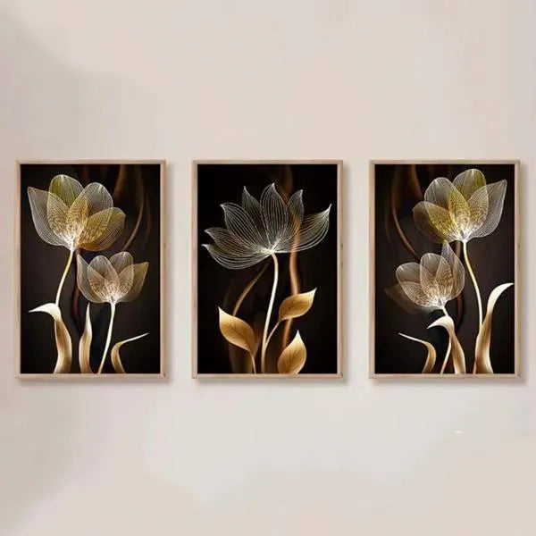 Golden Floral Wall Art Set of 3 I Modern 3 Piece Canvas Painting for Living Room & Bedroom I Decoration Pieces I Decoration