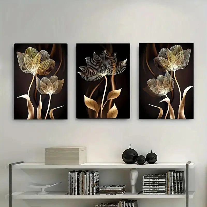Golden Floral Wall Art Set of 3 I Modern 3 Piece Canvas Painting for Living Room & Bedroom I Decoration Pieces I Decoration