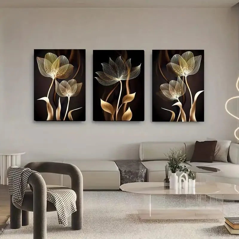 Golden Floral Wall Art Set of 3 I Modern 3 Piece Canvas Painting for Living Room & Bedroom I Decoration Pieces I Decoration