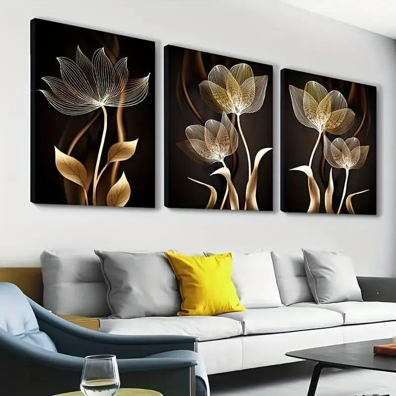 Golden Floral Wall Art Set of 3 I Modern 3 Piece Canvas Painting for Living Room & Bedroom I Decoration Pieces I Decoration