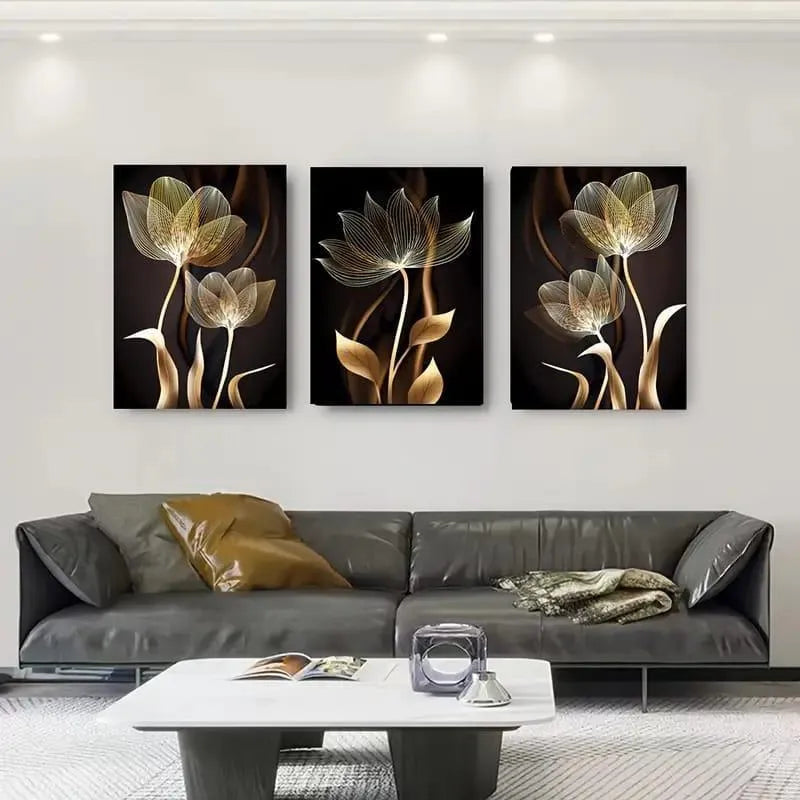 Golden Floral Wall Art Set of 3 I Modern 3 Piece Canvas Painting for Living Room & Bedroom I Decoration Pieces I Decoration