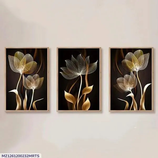 Golden Floral Wall Art Set of 3 I Modern 3 Piece Canvas Painting for Living Room & Bedroom I Decoration Pieces I Decoration
